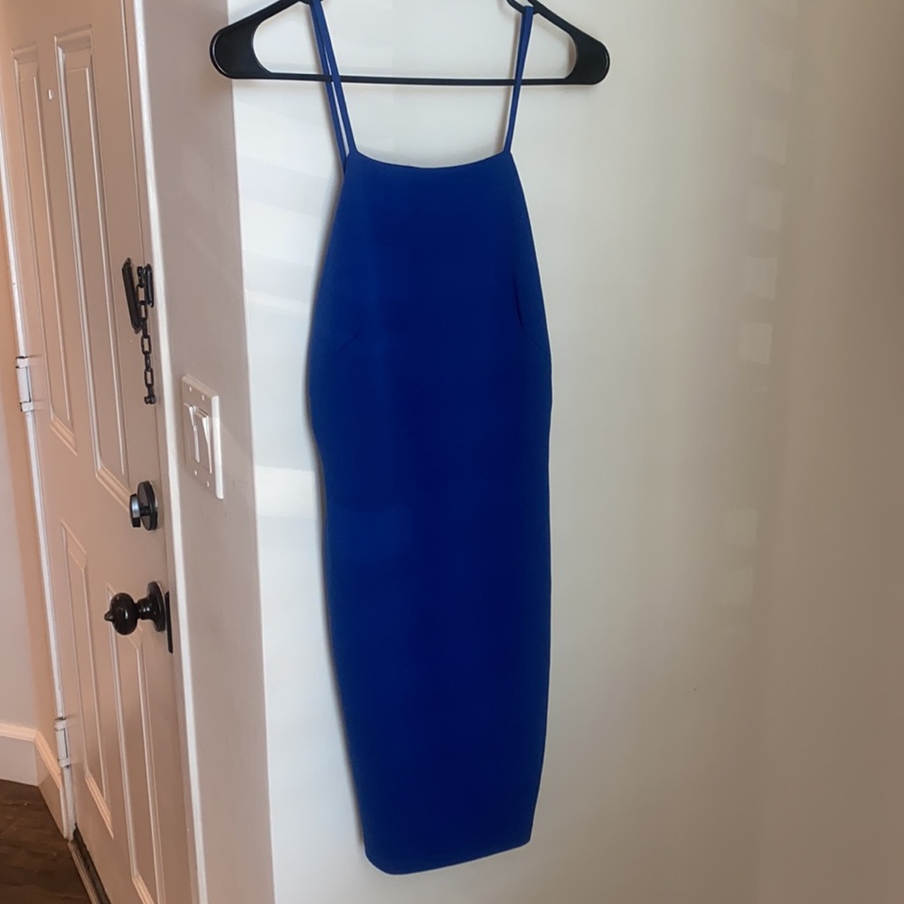 Blue dress with high neck and cute back detail
